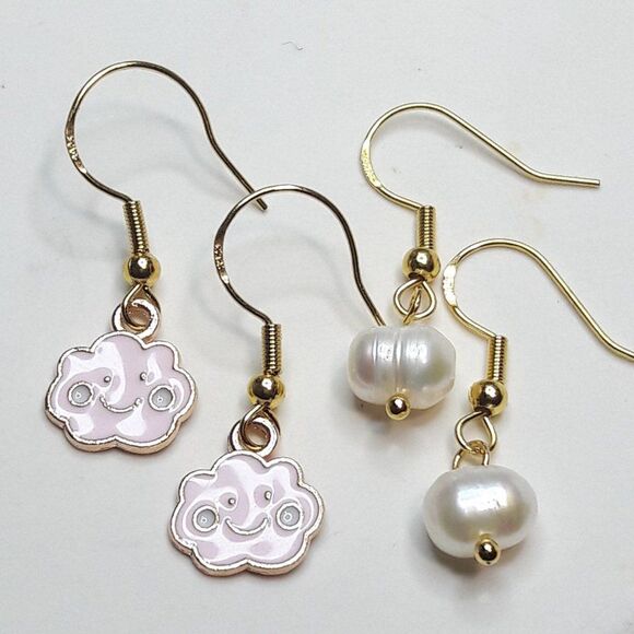 Boho Earrings  127# Freshwater Pearls 2PairSet Goldplate 925 SilverHooksStamp Bo - Picture 2 of 6